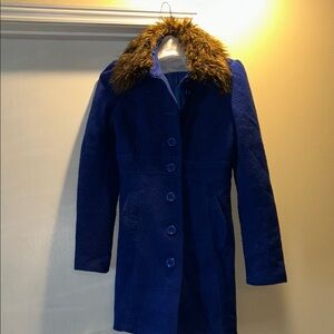 Free People Cobalt Blue Teddy jacket with Brown Faux Fur Collar